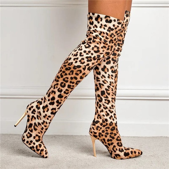 LEOPARD PRINT KNEE HIGH Fashionable Pointed Toe Over-the-Knee Stiletto Boots - Picture 3 of 6